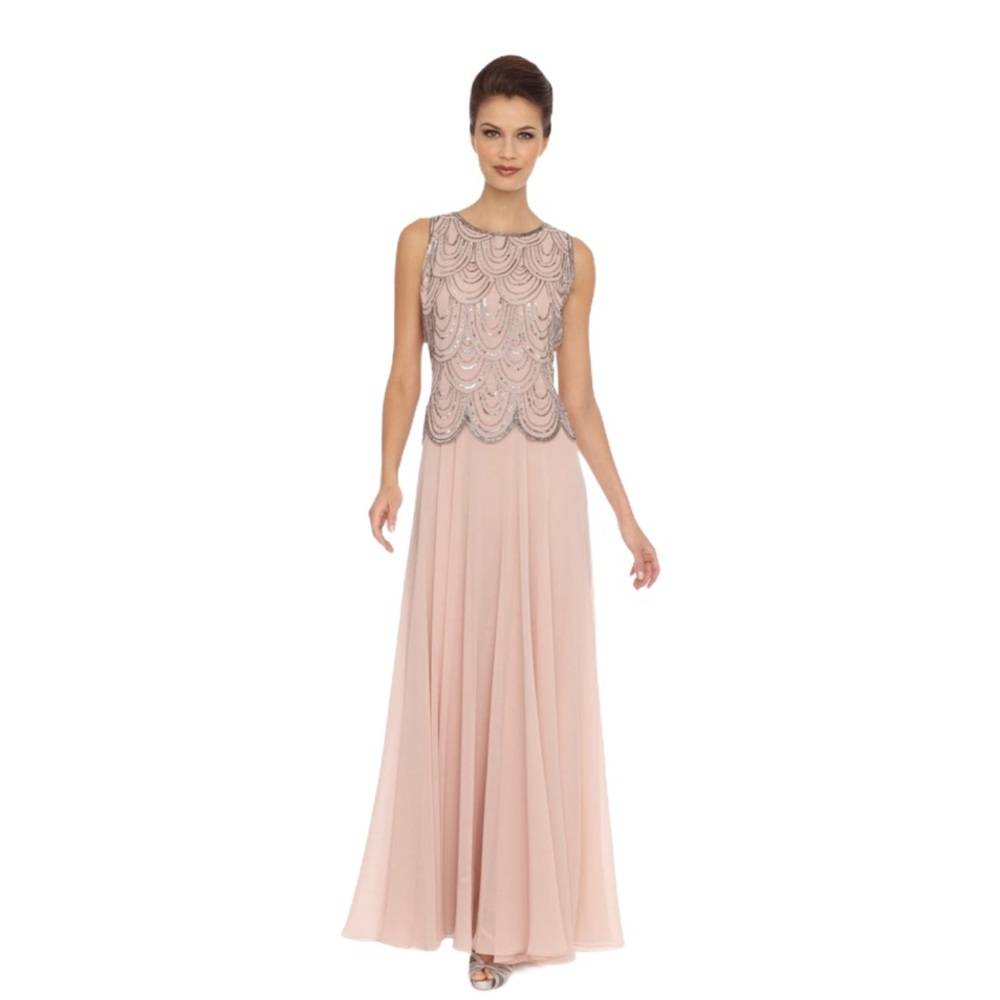 NWT J KARA Scalloped Beaded Chiffon Gown - Blush Pink